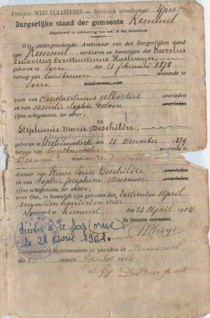 Livret de famille Charles HAELEWYN & Stéphanie HAELEWYN - page du mariage