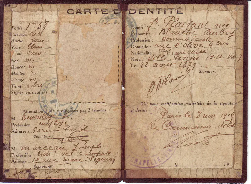 Carte d'identité - 1915 - Blanche AUBRY épouse PLAISANT