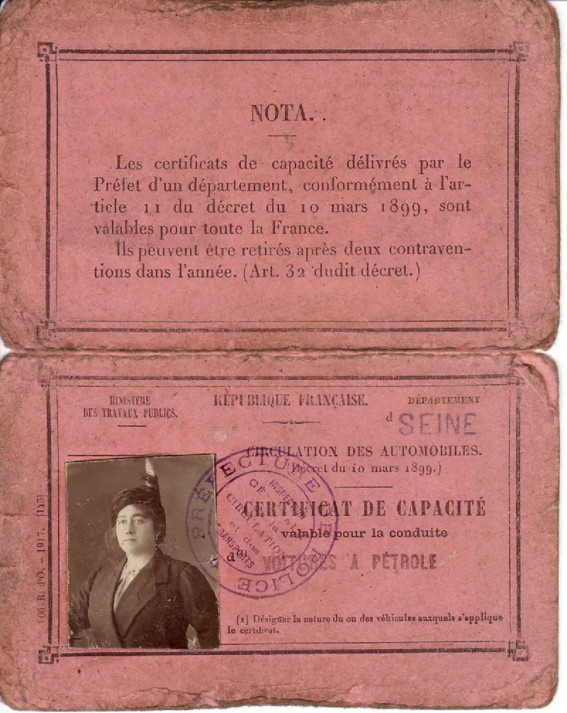 Certificat de capacité de conduite - 1918 - Blanche AUBRY épouse PLAISANT