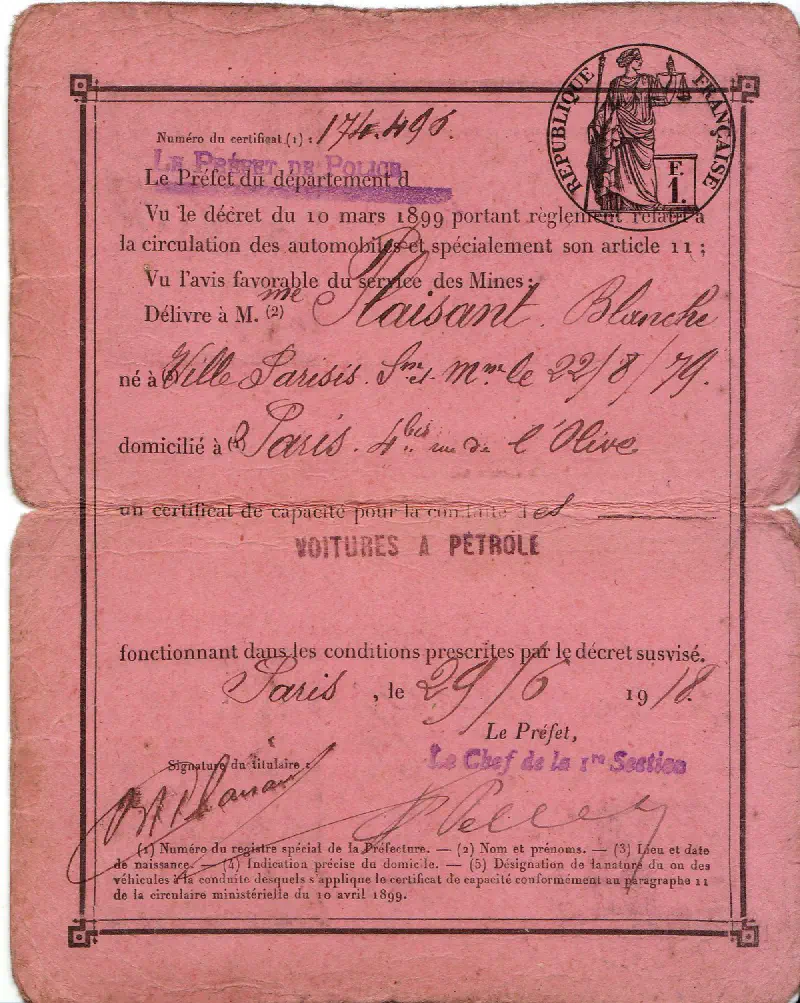 Certificat de capacité de conduite - 1918 - Blanche AUBRY épouse PLAISANT