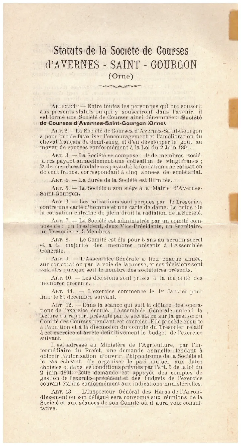 Statuts de la société des courses 1/2
