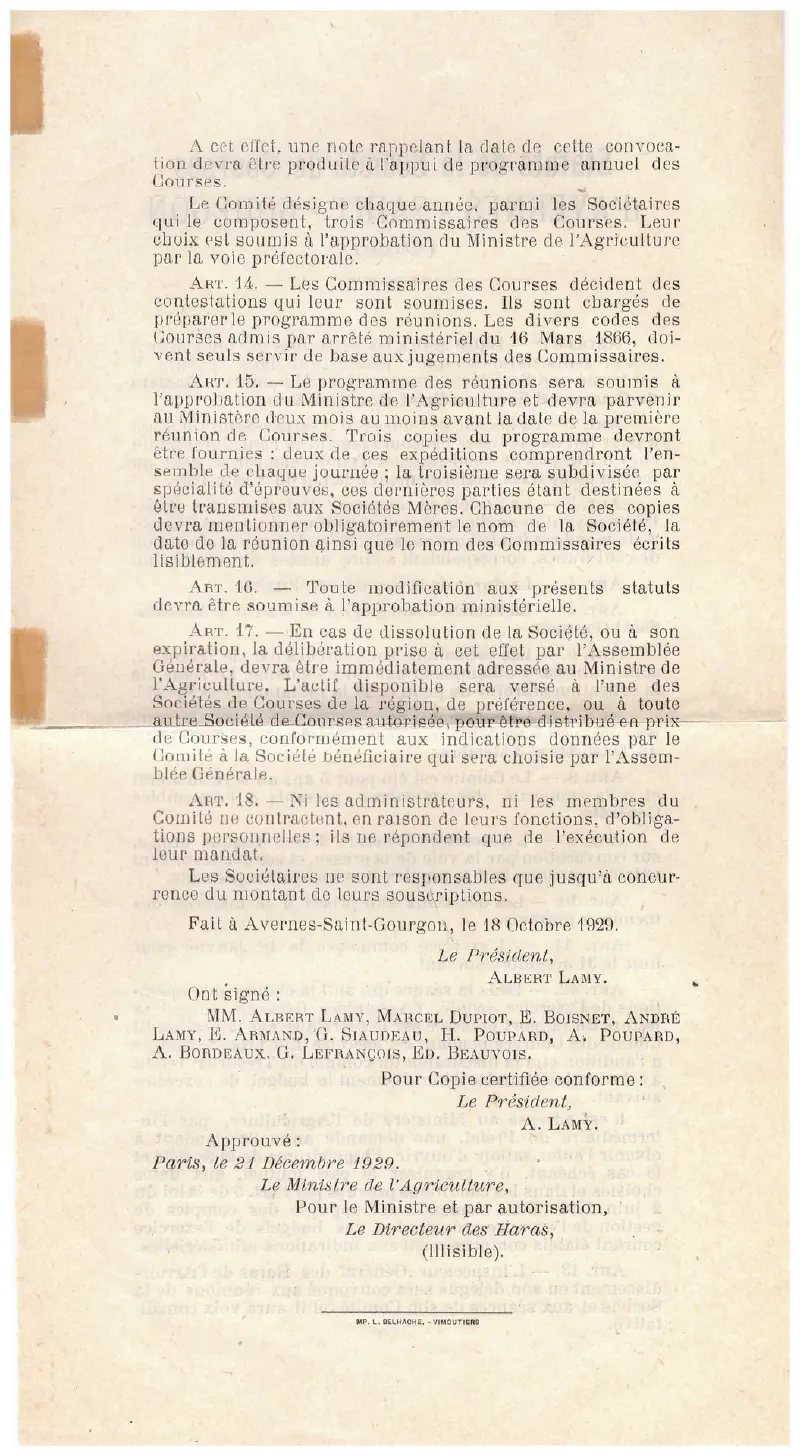 Statuts de la société des courses 1/2