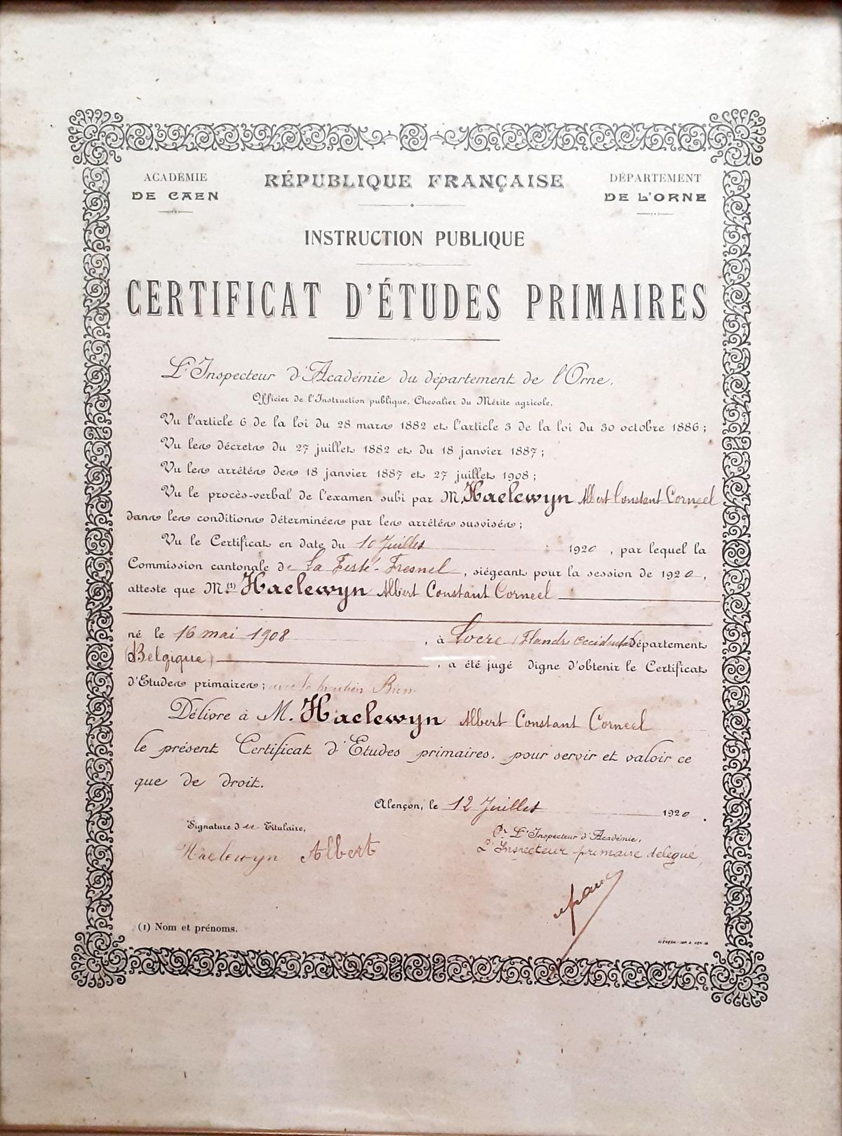 certificat détudes - 1920