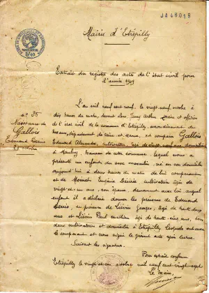 GALLOIS Edmond Denis - Extrait du registre des actes de naissance