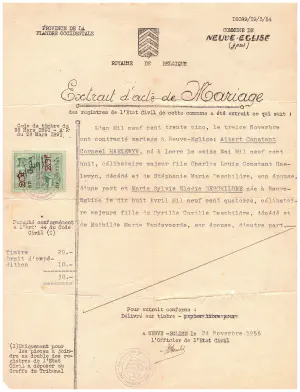 Extrait d'acte de mariage Albert HAELEWYN - Maria DESCHILDRE